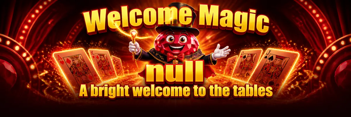 Ruby magician mascot presenting a glowing golden welcome invitation against a dark red casino backdrop